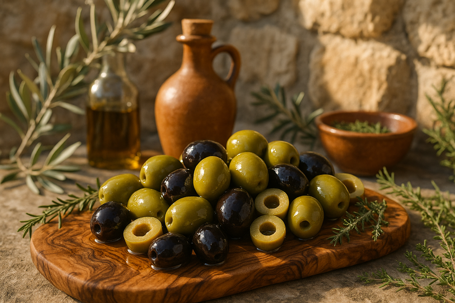 picture of olives that makes it look delicious . Make it very realistic that amkes it hard to tell if it is generated or not. give a good background showing meditarranean hertitage